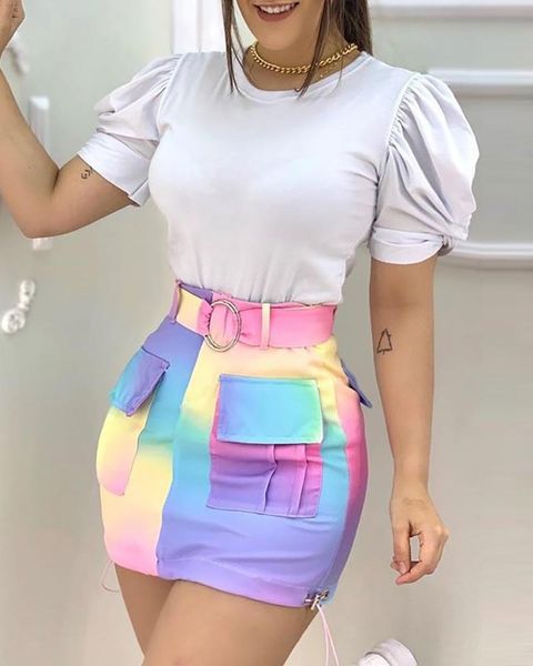 

puffed sleeve & colorblock pocket design skirt set, Gray