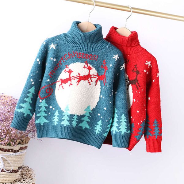 

deer new year's christmas jacquard and high collar girls' thickened children's double lapel bottomed sweater, Blue