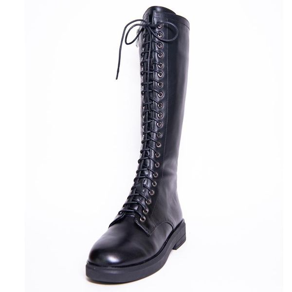 

leather knee high boots women autumn winter low square heel ladies cross strap shoes g283 woman lace up black round toe boots