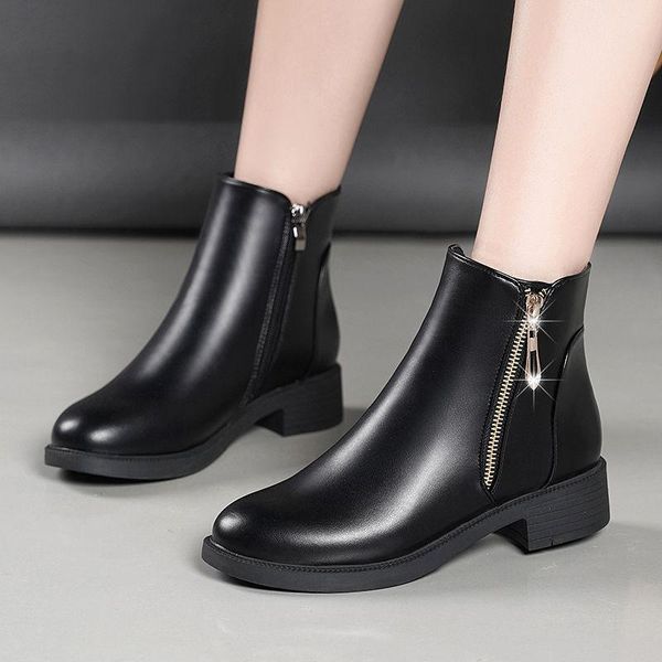 

мода черный ботильоны женская зимняя обувь 2020 женский коренастый пятки boots женщина комфорт плюшевые обувь люкс mom повседневная обувь, Black