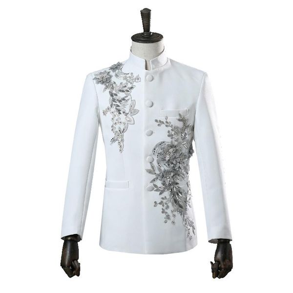 

men's suits & blazers chinese tunic standing collar mens suit set inlaid diamond classic black chic party host club dj blazer with pant, White;black