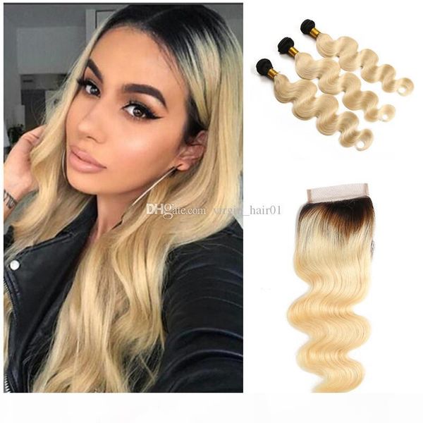 

two tone blonde human hair bundles with lace closure 1b 613 light blonde ombre lace frontal with baby hair peruvian virgin hair weave, Black;brown