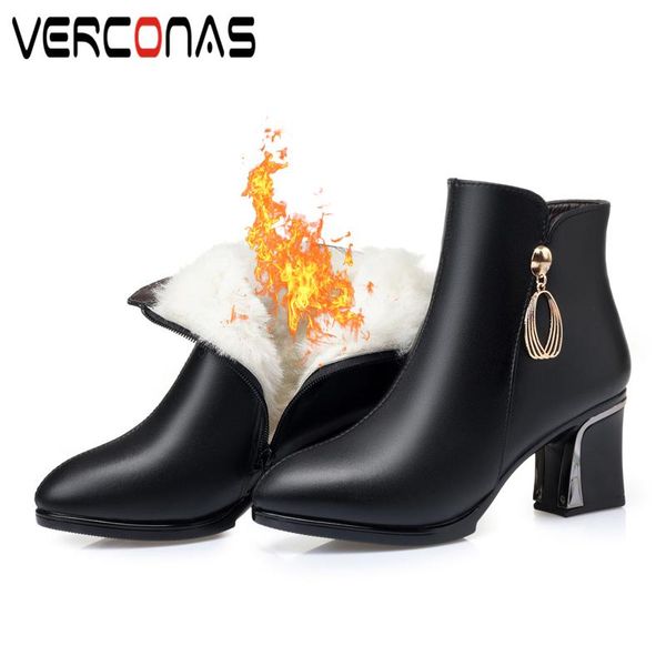 

verconas basic office women ankle boots autumn winter warm shoes woman new metal decoration high heels genuine leather zip boots, Black