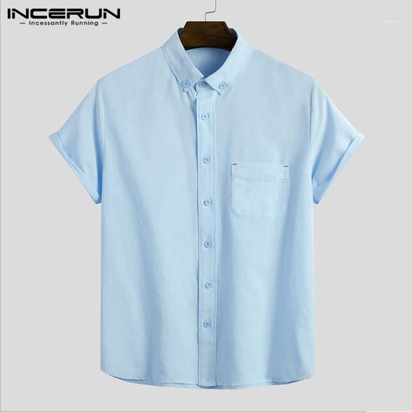 

incerun men summer short sleeve lapel shirts casual solid color camisa man leisure baggy blusas fashion loose breathable blouse1, White;black