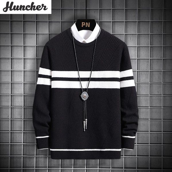 

men's sweaters huncher mens pullover sweater men 2021 winter korean fashion solid casual jumper striped oversized knitted black, White;black