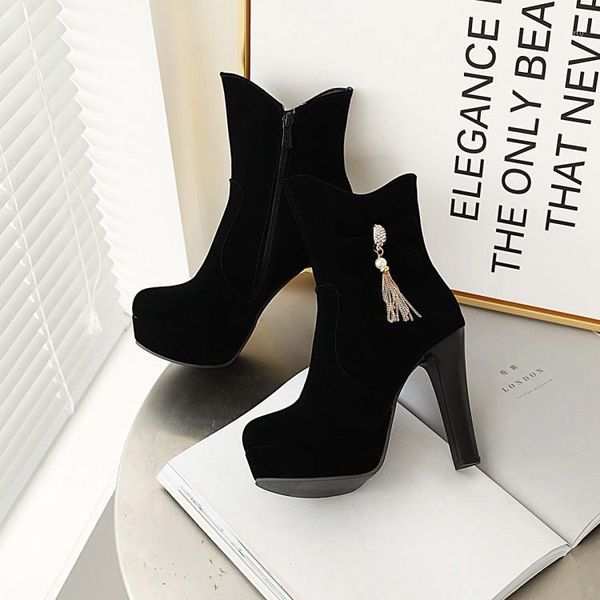 

big size 9 10 11 12 boots women shoes ankle boots for women ladies shoes woman winter diamond tassel pendant bow1, Black