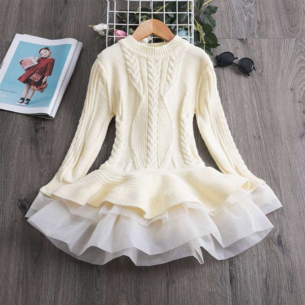 

children's 2019 new girls' long sve autumn woolen drs organza, Red;yellow