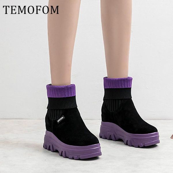 

woman genuine leather boots winter ankle sock boots platform ladies height increasing sneakers women botas mujer invierno 20201, Black