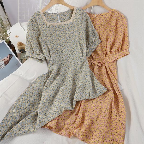 

vintage floral dress chiffon flower elegant summer dress 2020 boho square neck lace beach dresses korean clothes short sleeve, Black;gray