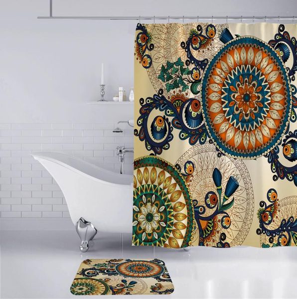 

2021 waterproof bohemian printed pattern shower curtain pedestal rug lid toilet cover mat bath mat set bathroom curtains