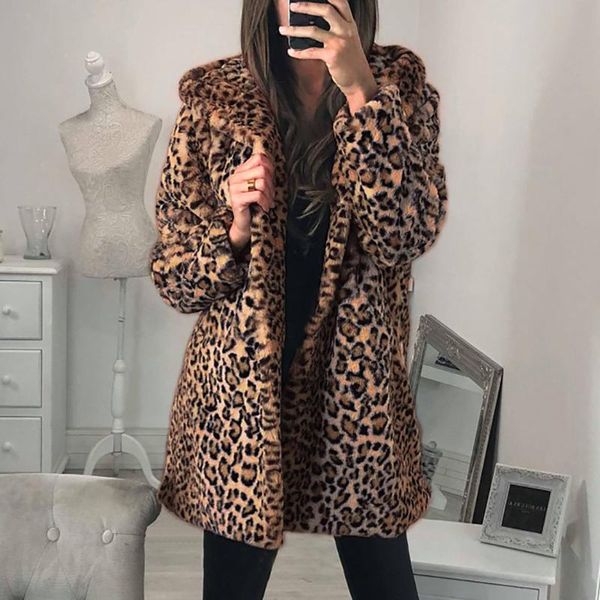 

leopard elegant jackets women faux fur spring autumn warm soft jacket female printed overcoat casual hooded coat outerwear, Black;brown