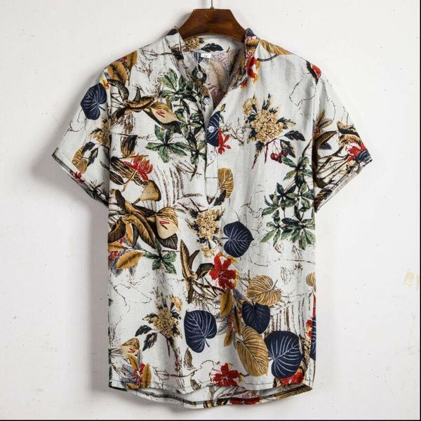 

6 colors men linen short sleeve shirt summer floral loose baggy casual holiday shirts tee outwear, White;black