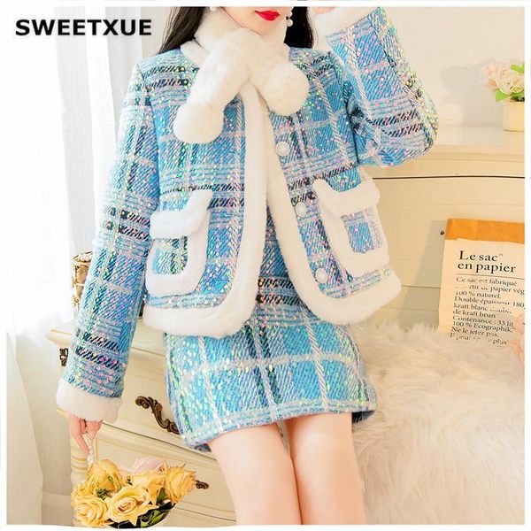 

sweetxue fashion plus cotton sequined plaid pocket + short skirt two-piece suit with scarf women's, Gray