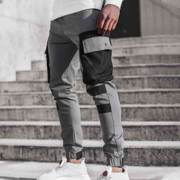 

color patchwork men pocket cargo pants casual harem jogge trousers for college school streetwear men fashion, Black