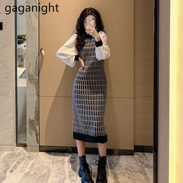 

gaganight bodycon women plaid dress long sleeve o neck chic korean slim vestidos patchwork elegant vintage women dress 2021, Black;gray