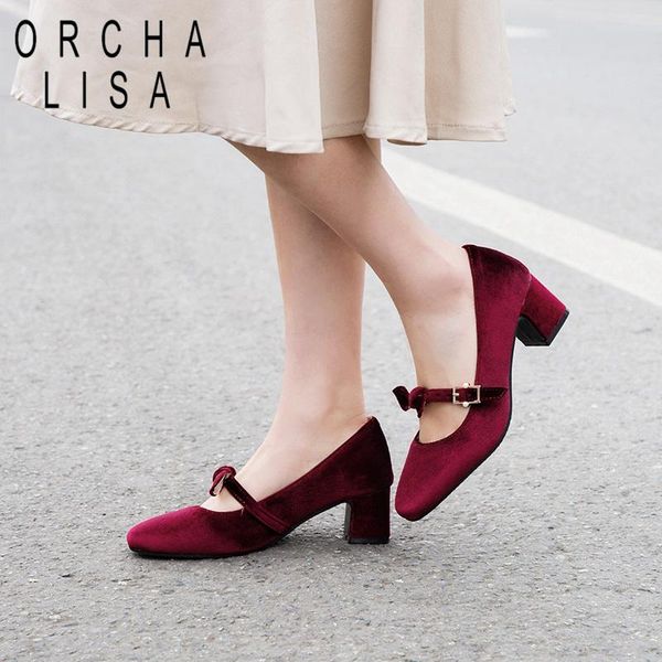 

orcha lisa women mary janes buckle shoes faux suede bowtie pumps med heels block heels round toe dress office work shoes size 39, Black