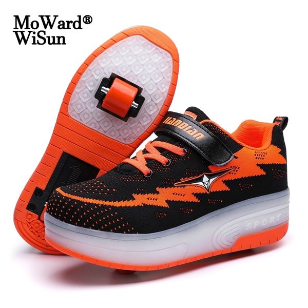 

size 28-40 usb charging glowing roller skate shoes for kids boy girls double wheels sneakers with lights led shoes with roller y201028, Black;red