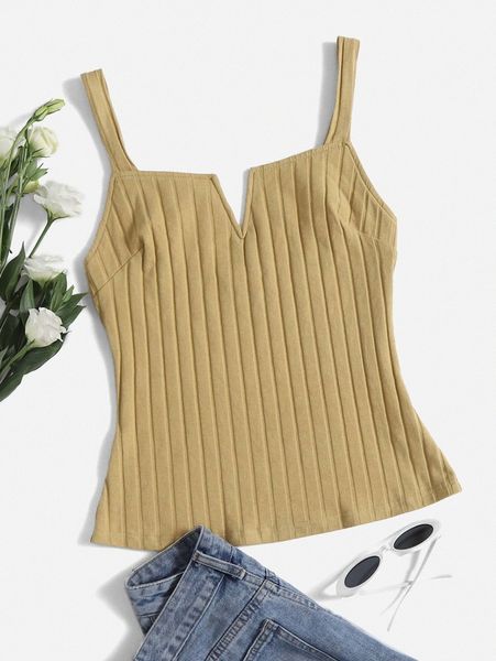 

notched neck rib-knit cami 28cy#, White