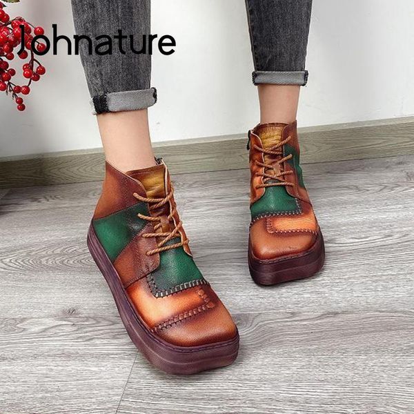

boots johnature ankle women mixed color lace-up shoes genuine leather 2021 square toe flat with leisure platform, Black