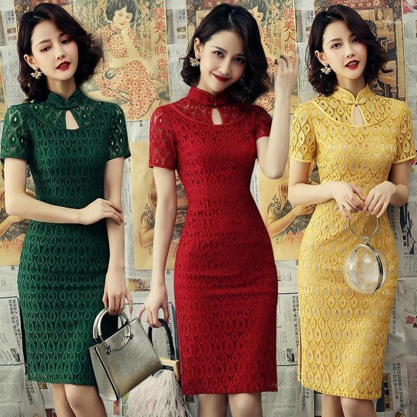 

fzslcyiyi 2020 chinese women lace qipao handmade button cheongsam novelty chinese dress elegant lady party dress1, Red
