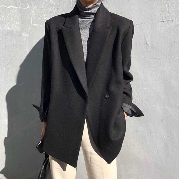 

hzirip notched vintage minimalist woolen blazer jacket new autumn winter quilted thick women blazers loose suit coat1, White;black