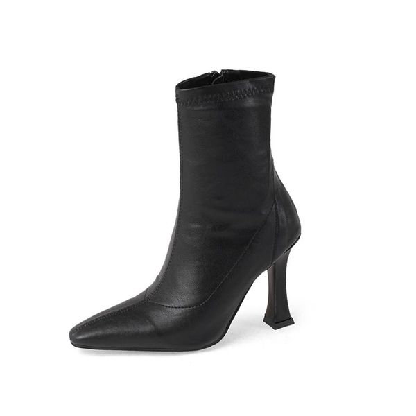 

classic design genuine leather high heels ankle boots pointed toe handmade shoes for women wedding casual shoes woman, Black