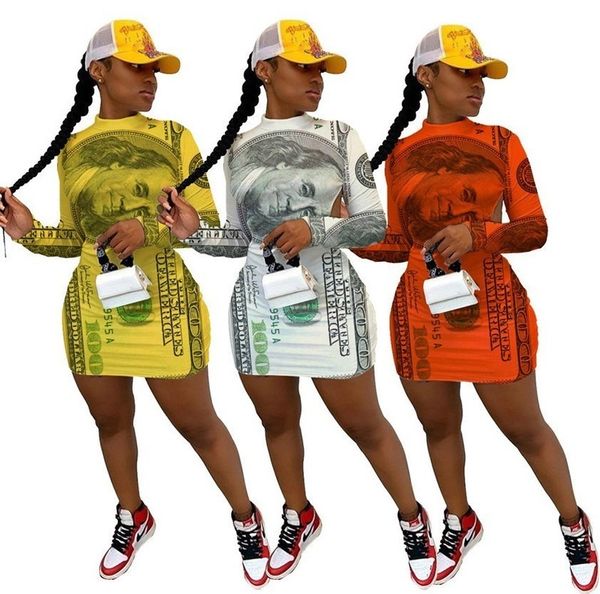 

2021 spring autumn women's banknote print low back dress designer fashion casual long sleeve party club slim mini dresses h12004, White