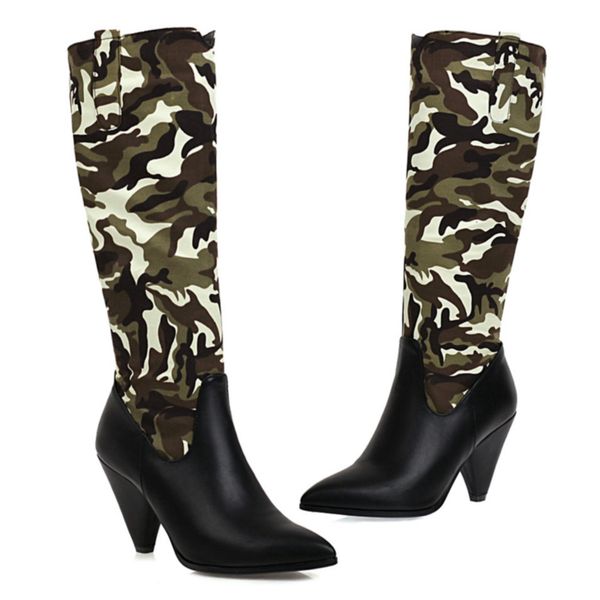 

boots 2021 autumn winter knee high women shoes army leopard fashion pointed heel women's large size, Black