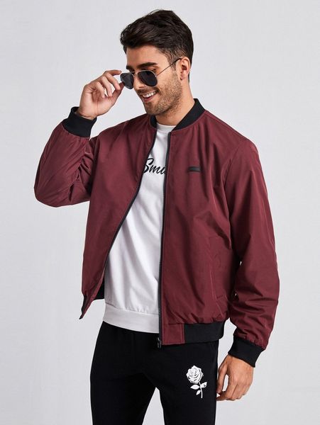 

men patched detail slant pockets bomber jacket 37ps#, Black;brown