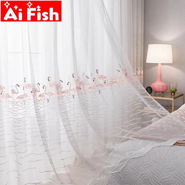 

pink flamingo lace embroidery tulle curtains for living room gray swan voile for bedroom window screen sheer panel my219#30