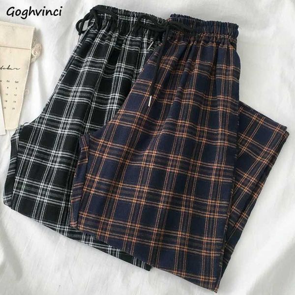 

casual pants women elastic waist plaid wide leg trousers womens students simple chic trendy office lady all-match harajuku new1, Black;white