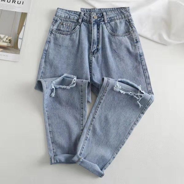 

women's jeans 2020 ripped female jeans korean button hole ms. denim high waist loose casual pencil pants, Blue
