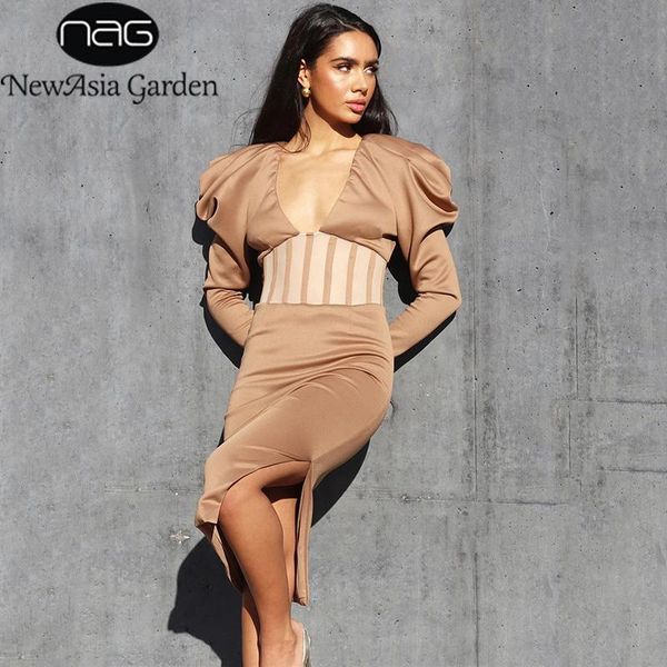

casual dresses asia mesh party dress see through patchwork puff sleeve cut out side split v neck long for women 2021 vestidos, Black;gray