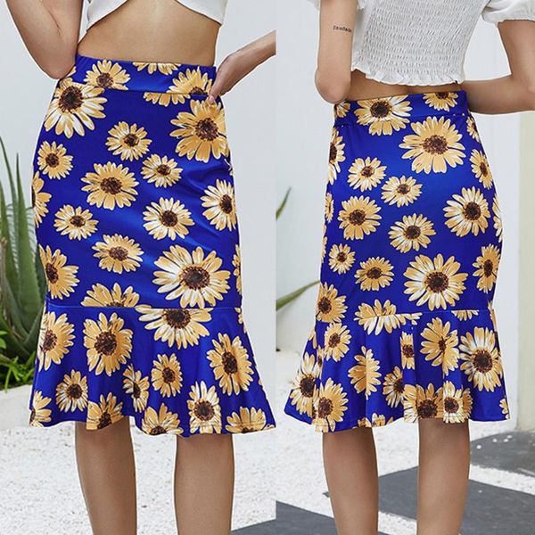 

womail fashion casual women floral fishtail a-line skirt high waist buttocks summer lady leisure beach ruffle skirts mujer falda, Black