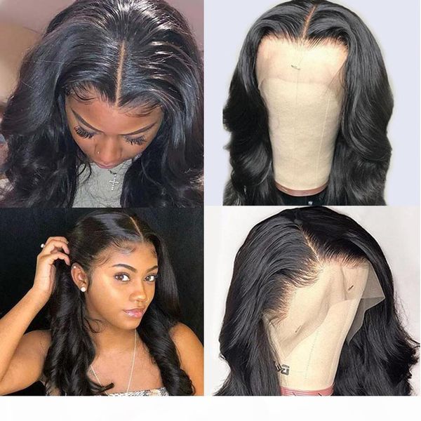 

peruvian human hair 13x4 lace front wigs body wave human 4x4 lace closure wig 150% density 30 inch long hair wigs natural color, Black;brown
