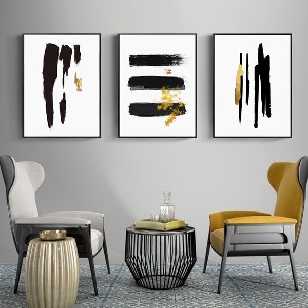 

abstract black gold brush line minimalist canvas painting wall art poster print pictures living room home interior decoration