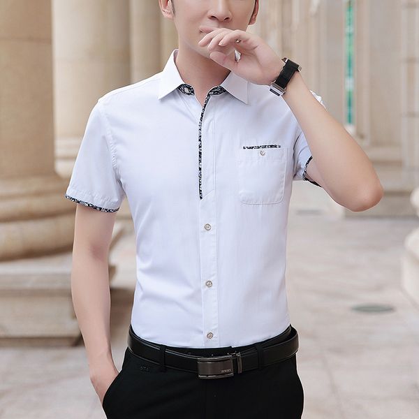 

short sleeve slim fit no iron business casual professional work summer fashion white men's shirt, White;black