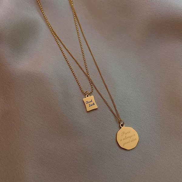 

chokers shiny chain classic pendant design goodluck letter square women's necklace fashion neck double clavicle chains, Golden;silver