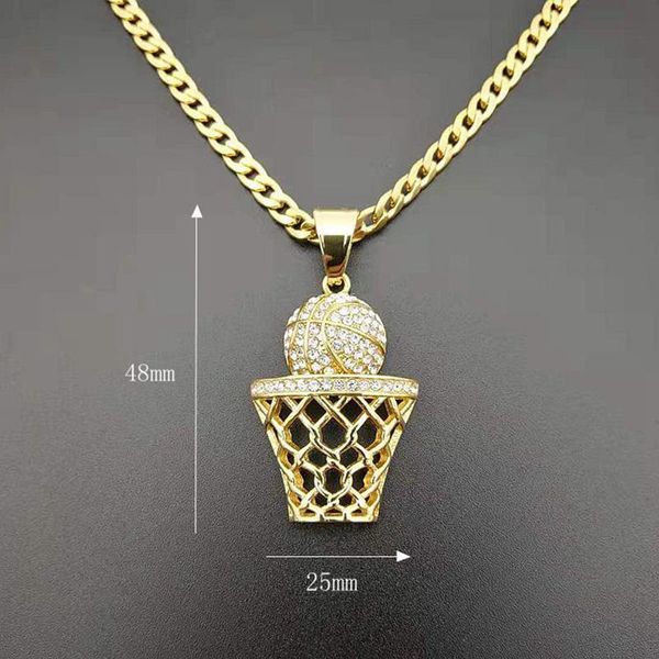 

hip hop rhinestones paved bling iced out gold stainless steel basketball basket pendants necklace men rapper jewelry cuban chain, Silver