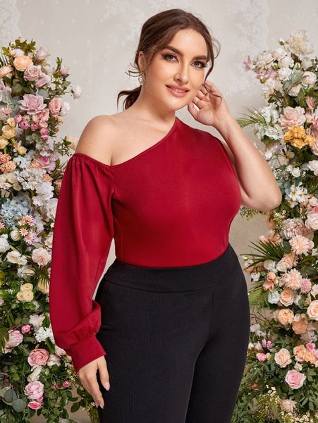 

plus asymmetrical neck lantern sleeve r848#, Black