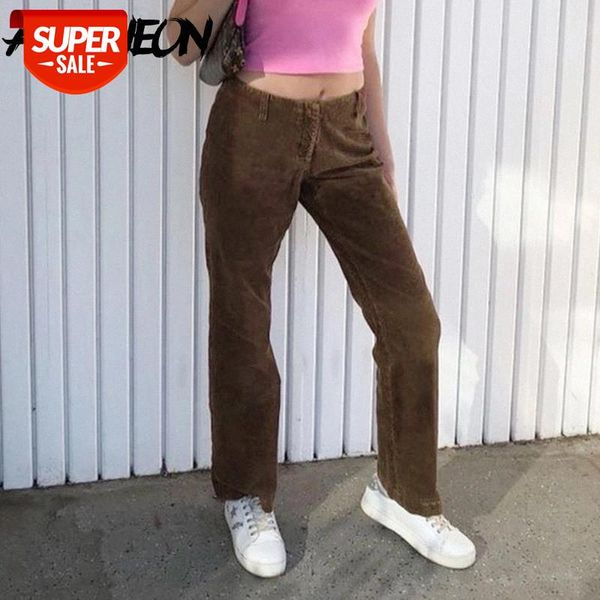 

allneon indie aesthetics slim brown corduroy pants y2k vintage low rise straight trousers harajuku 90s streetwear fall bottoms #4u8k, Black;white