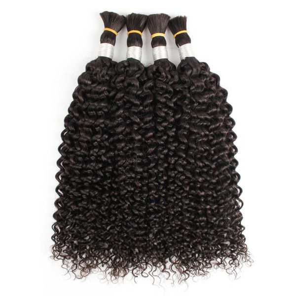 

4pcs hair bulks natural color straight jerry curly indian human hair no weft curly hair bulk for braiding, Black