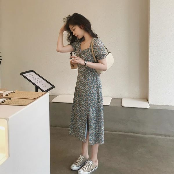 

women's 2020 summer new mid long slit dress bubble short sleeve square neck floral dress 10bip, Black;gray