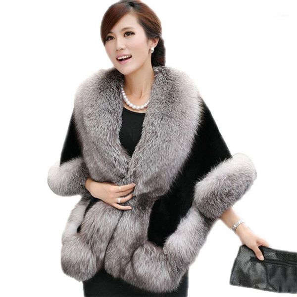 

new winter women leather grass faux fur poncho cape vest overcoat female fashion bridal wedding warm shawl coat outwear x721, Black