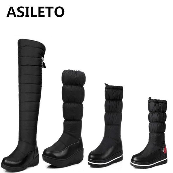 

asileto 2020 women boots female fur snow boots women super warm down+leather wedges high female shoes woman botas a817g, Black