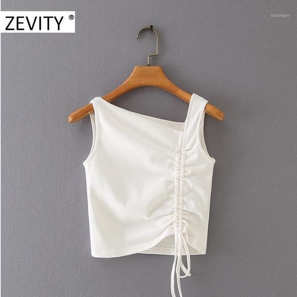 

zevity women fashion skew collar sleeveless asymmetry short blouses vintage pleated bow tied female shirt chic knitted t6891, White