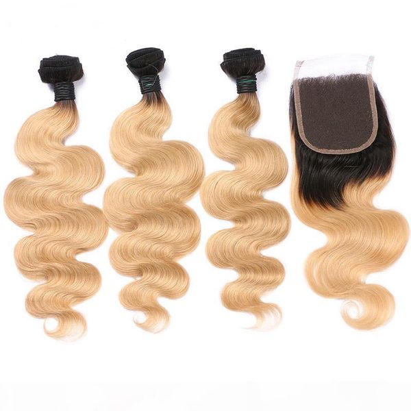 

#1b 27 honey blonde ombre virgin peruvian human hair bundles deals with lace closure 4x4 body wave strawberry blonde ombre human hair weaves, Black;brown