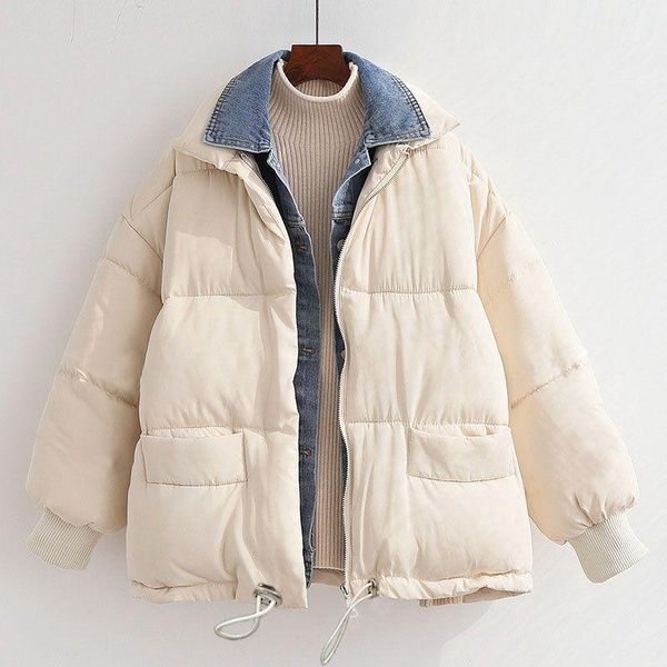 

women's down & parkas 2021 winter women fake two pieces korean loose coat female warm thick harajuku solid stand collar short oversize, Black