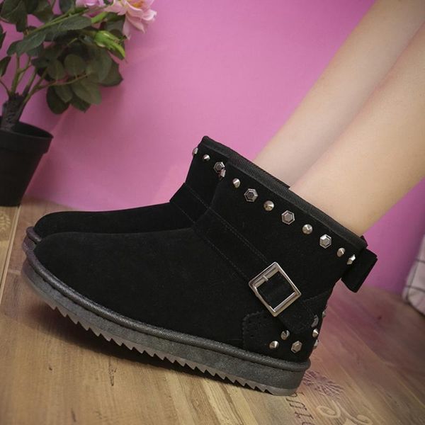 

sarairis buckle rivet platform ankle boots women flock add fur brand boots ladies warm short plush snowshoes, Black