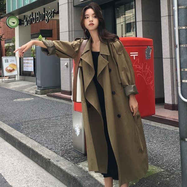 

women's trench coats 2021 autumn and winter fashion solid color long sleeve medium lapel windbreaker jacket women l131, Tan;black